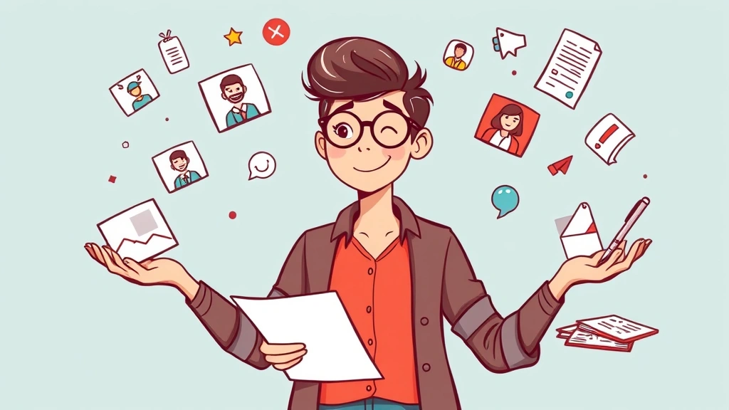 Cartoon drawing of a freelancer juggling multiple client icons and project documents, colorful and dynamic, showing work-life balance and client management