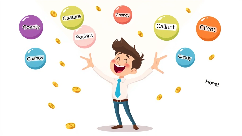 Cartoon character juggling multiple colored balls labeled with different client names, coins falling around them, representing managing multiple 1099 clients and income