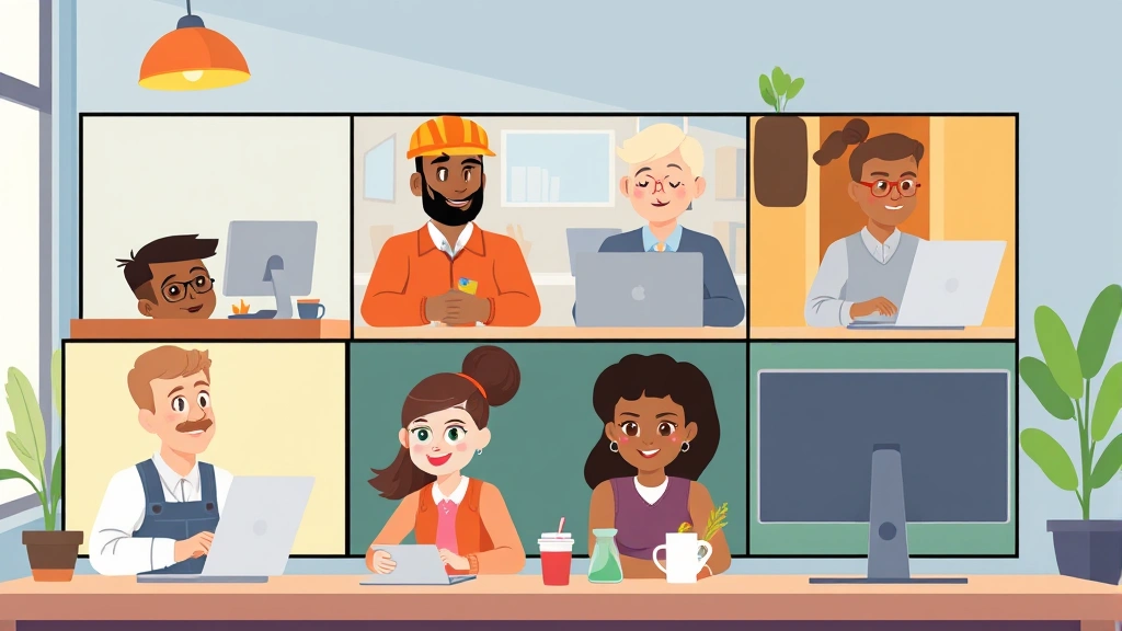 Cartoon diverse group of contractors in virtual meeting on computer screens, each in different setting (home office, coffee shop, coworking space), collaborative energy