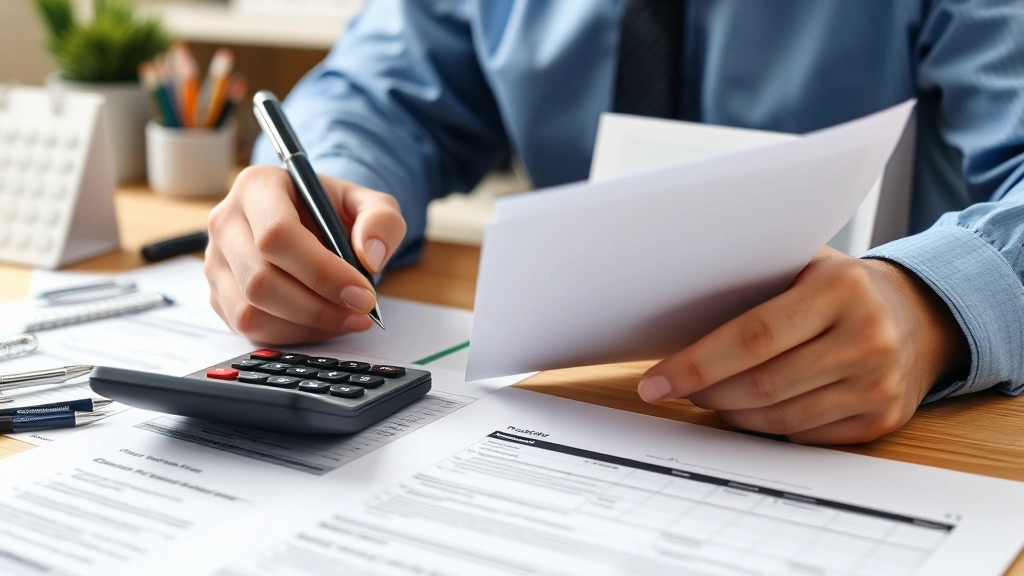 Contractor reviewing contract documents with checklist, calculator, tax forms, calendar showing quarterly dates, organized desk with business essentials