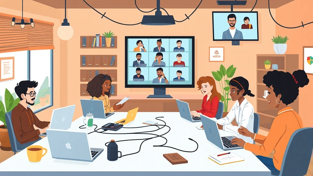 Cartoon diverse group of remote contractors working from different locations—coffee shop, home office, coworking space—connected by digital lines and video conference screens, representing global 1099 network