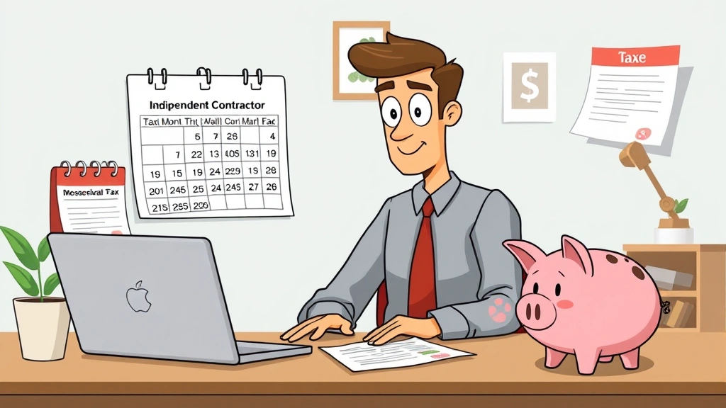 Independent contractor working at home office with laptop, calendar showing quarterly tax dates, piggy bank with tax savings, friendly cartoon character