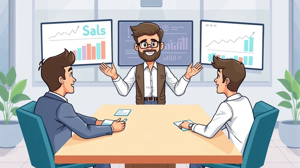 Cartoon illustration of a confident contractor presenting a pitch to three smiling clients sitting around a virtual meeting table. Professional business setting with charts, graphs, and growth indicators visible on screens in background