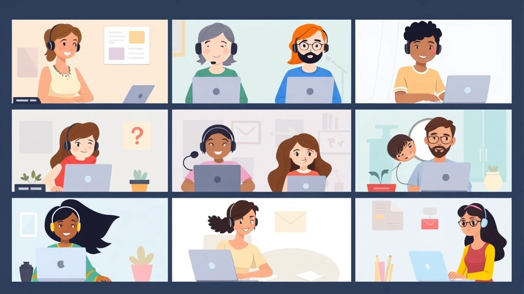 Cartoon diverse group of remote workers on video call screens, showing freelancers collaborating across different locations with laptops and headsets