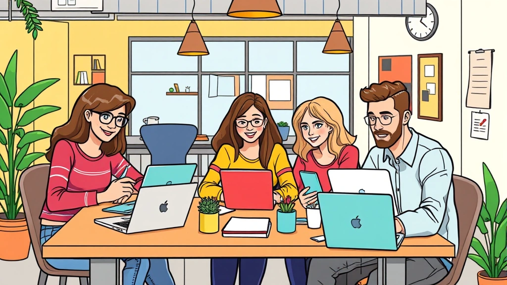 Diverse group of independent contractors collaborating in coworking space with laptops and notebooks, representing different industries like design, writing, and technology, vibrant cartoon aesthetic