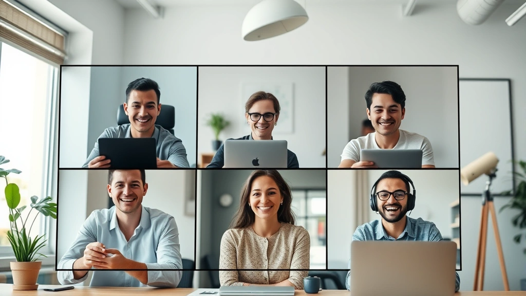 A diverse group of professionals (designer, developer, writer, consultant) working remotely from different locations—coffee shop, home office, co-working space—all smiling while video conferencing together