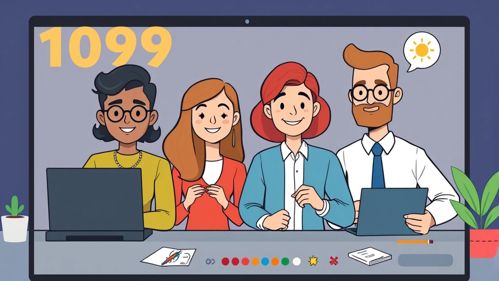 Diverse cartoon characters representing different 1099 professions: developer, designer, writer, consultant working together remotely on video call, collaborative energy