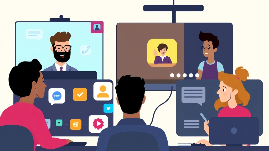 Cartoon diverse group of contractors (designer, developer, writer, consultant) collaborating virtually through video screens and digital connections, colorful icons representing different services, modern tech-forward aesthetic