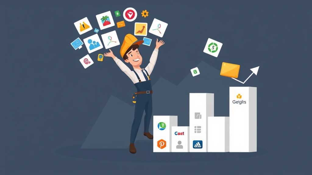 Cartoon contractor juggling multiple client icons and projects, building blocks representing business growth, upward trending graph, diverse client logos floating around