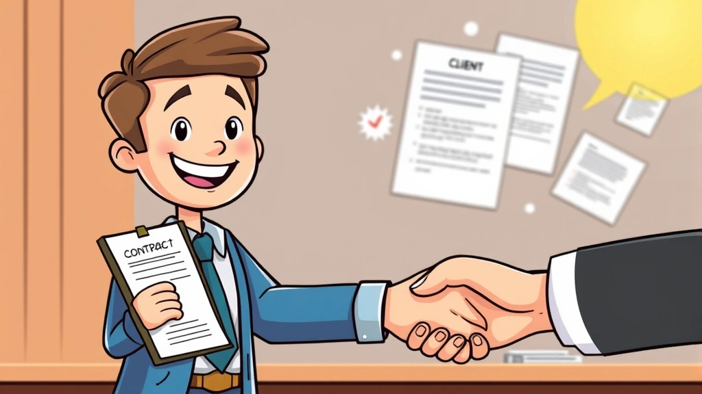Cheerful cartoon character holding a clipboard with contract terms, shaking hands with a client, papers and agreement symbols in background, modern professional aesthetic