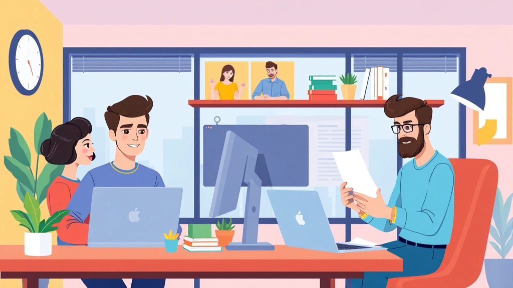 Cartoon style illustration showing diverse freelancers working remotely - one on video call, one typing, one reviewing documents, modern colorful office environment