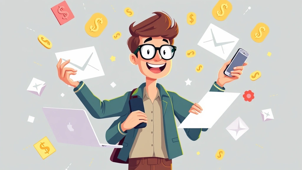 Animated freelancer juggling multiple projects - holding laptop, phone, and documents - surrounded by floating dollar signs and checkmarks, vibrant energetic style, diverse professional