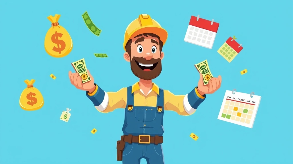 Animated contractor juggling income sources, money bags, and calendar dates, showing financial management and time flexibility, bright colors, friendly expression