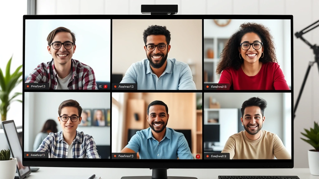Multiple freelancers from different ethnicities collaborating in virtual video conference meeting on computer screens, smiling, diverse team working remotely together