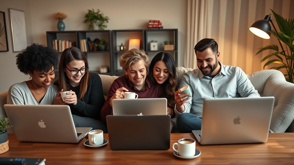 Diverse group of independent contractors working remotely on different devices, laptop, tablet, phone, coffee cups, collaborative energy, warm lighting, home office vibes