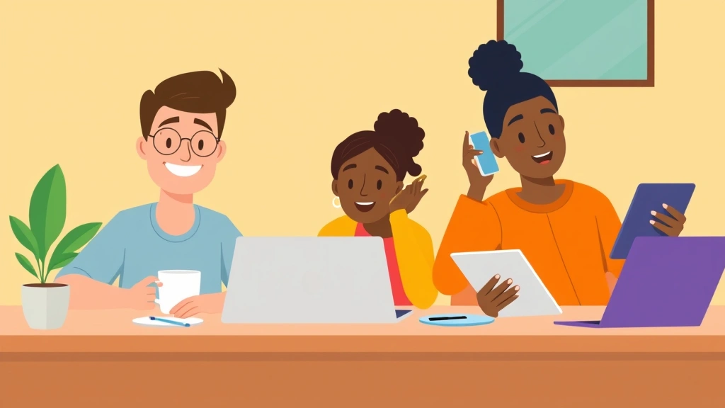 Cartoon diverse freelancers working remotely: person at desk with coffee, another on phone, third designing on tablet, collaborative energy, warm colors, no letters