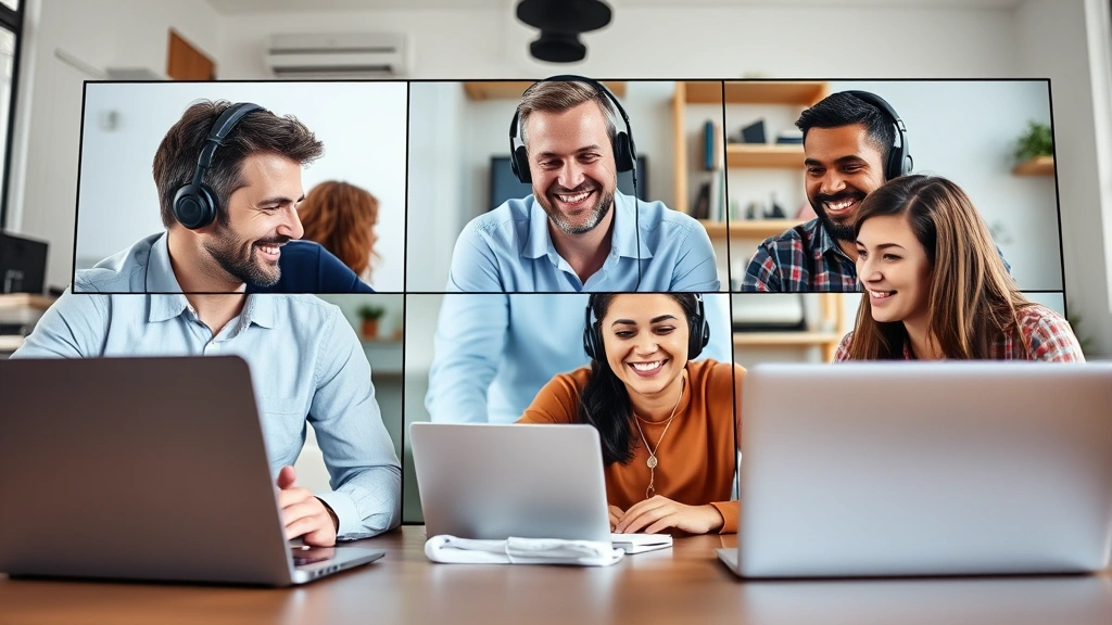 Diverse contractors collaborating virtually on video call, smiling and engaged, laptops and headsets visible, showing teamwork and communication in remote work environment