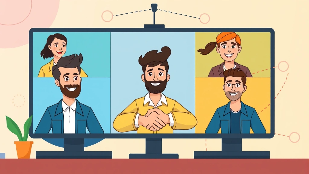 Cartoon diverse contractors collaborating on video call, smiling faces on computer screens, handshake icon, network connections, colorful professional backgrounds, teamwork and networking theme