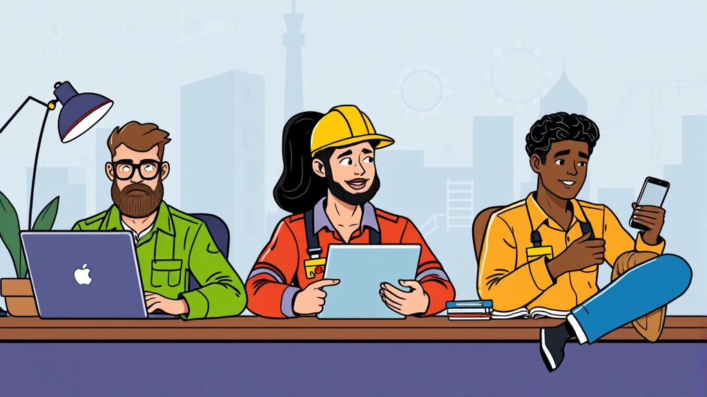Cartoon diverse group of contractors working on different devices - one on laptop, one on tablet, one on phone - representing various industries like tech, design, and writing, collaborative energy