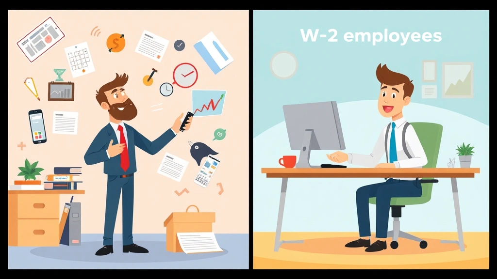 Animated split-screen showing 1099 contractor juggling multiple clients and projects on left side versus W-2 employee at single desk on right, both appearing equally productive and satisfied