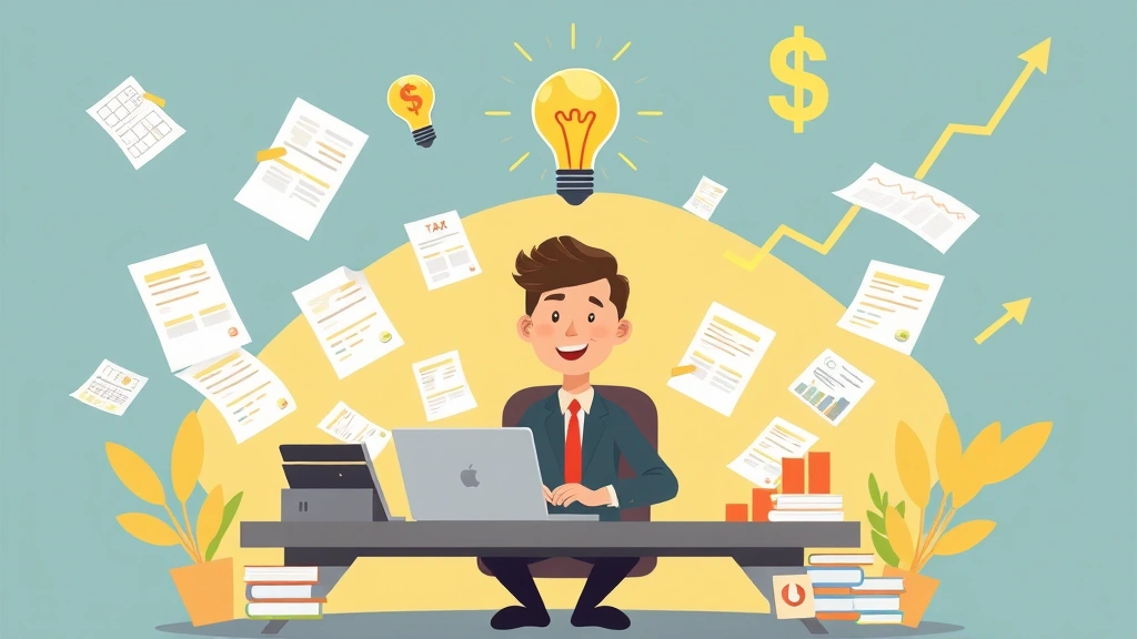 Cartoon character freelancer sitting at desk surrounded by floating documents, invoices, tax forms, and financial charts. Light bulb of ideas glowing above head. Dollar signs and growth arrows indicating income potential and business scaling. Organized, motivated energy.