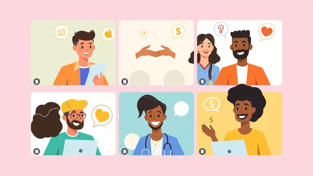 Cartoon illustration of diverse freelancers collaborating virtually through video call screens with handshake icons and dollar signs, modern and friendly style