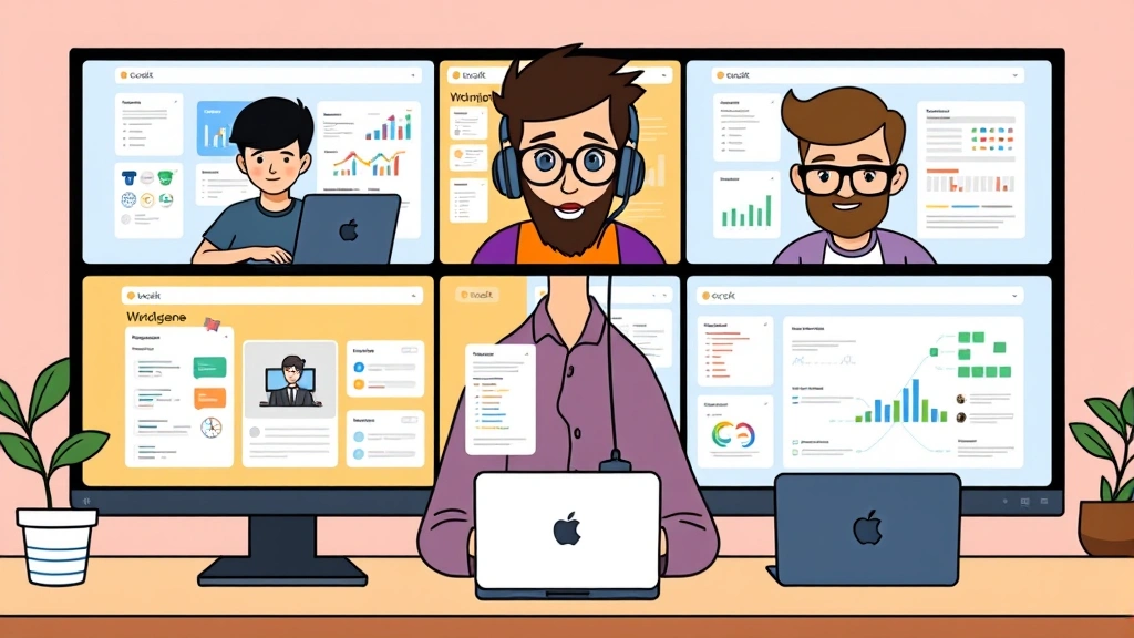 Diverse freelance professionals collaborating virtually on multiple projects simultaneously, cartoon style, showing designer, developer, and writer in split screens with colorful project dashboards visible