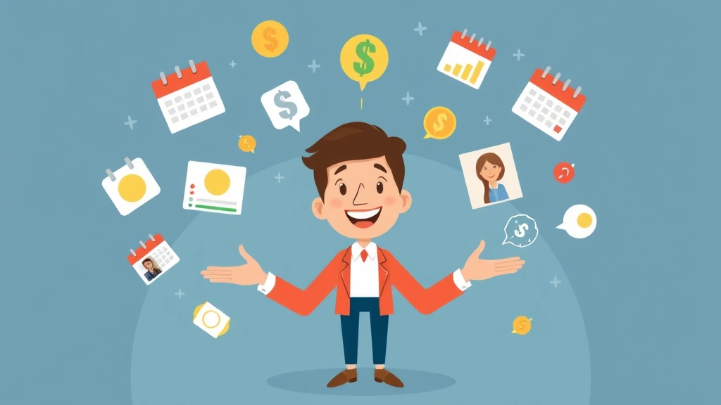 Cartoon character juggling multiple income streams and clients, with calendar, dollar signs, and calendar icons floating around, representing diverse 1099 work management and financial planning