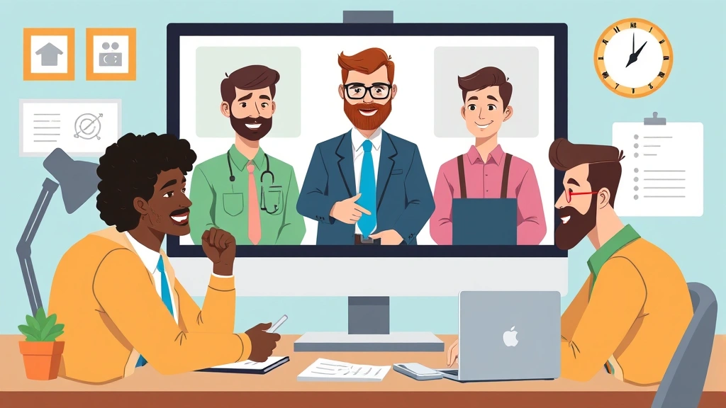 Cartoon diverse group of 1099 contractors collaborating remotely, video call on computer screen, virtual meeting, professional setting with digital elements and communication symbols