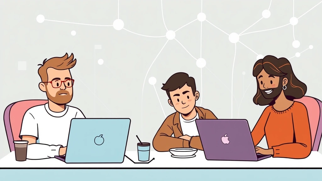 Cartoon diverse group of independent contractors (developer, writer, designer, consultant) working remotely from different locations, connected by digital network lines showing collaboration