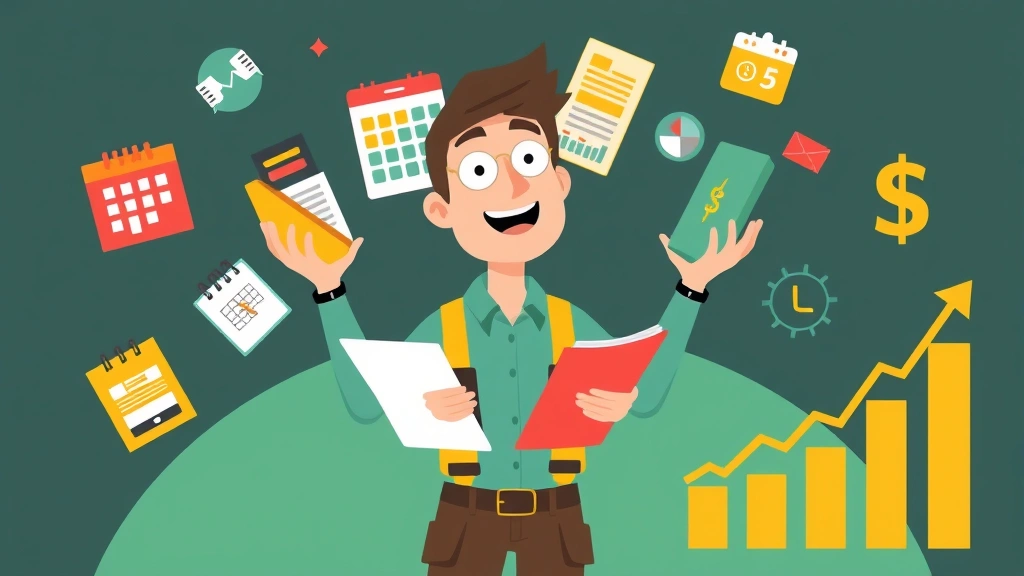 Cartoon illustration of a contractor juggling multiple client projects with colorful project files, calendar, and growth chart showing income increase