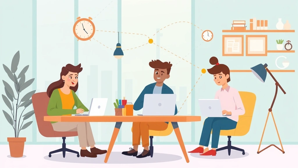Animated illustration of diverse contractors working remotely from different locations—coffee shop, home office, coworking space—connected by digital network lines showing collaboration