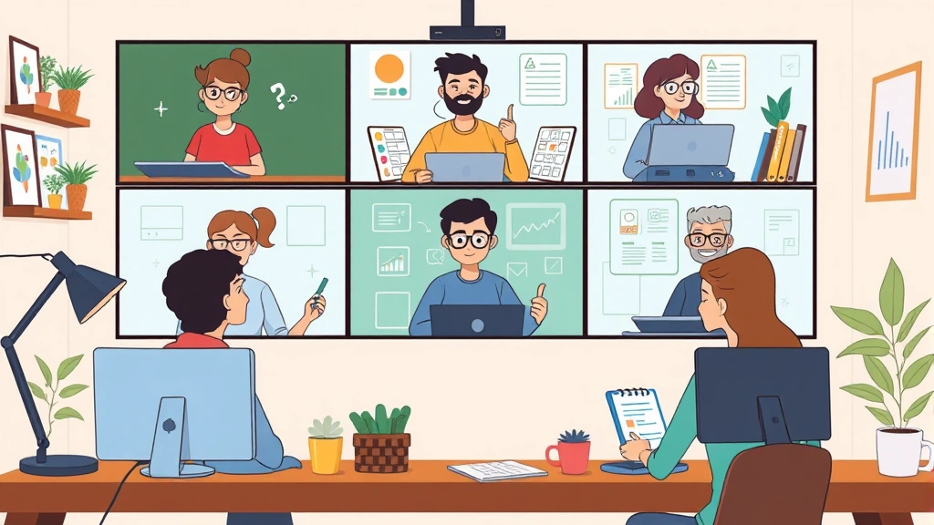 Cartoon diverse freelancers collaborating remotely via video call, each at their own creative workspace with digital tools and project materials visible