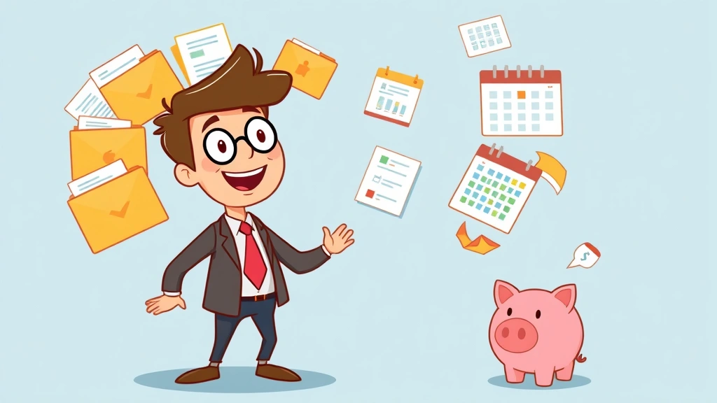 Cartoon character juggling multiple project folders and calendar items while holding a piggy bank, representing 1099 contractor managing multiple clients and finances
