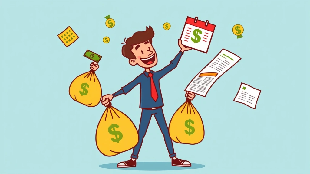 Cartoon figure juggling money bags, dollar signs, calendar, and contract documents, representing financial management and invoice tracking for independent contractors