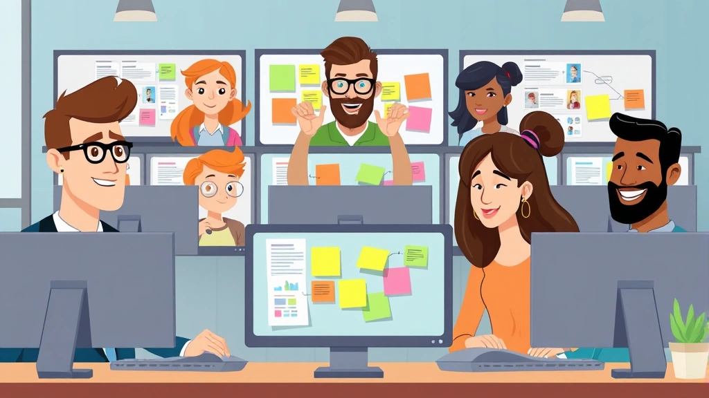 Cartoon diverse group of freelance workers collaborating online through computer screens, colorful sticky notes and project management boards visible, upbeat professional atmosphere