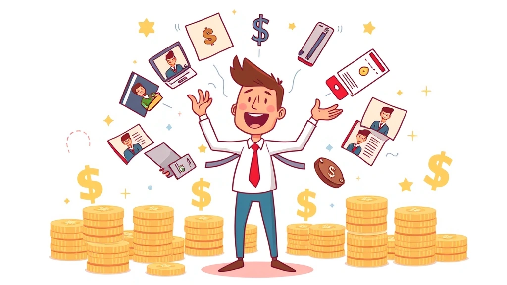 Cartoon figure juggling multiple projects and clients simultaneously, coins and dollar signs in background, organized chaos, productivity theme