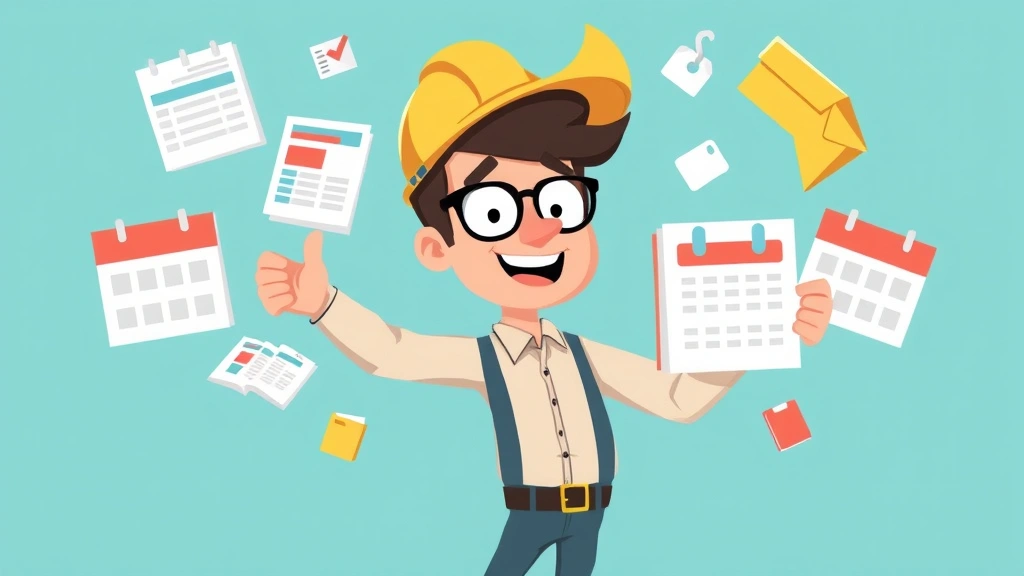 Cartoon contractor juggling multiple project files and calendar items, organized chaos style, colorful, no text