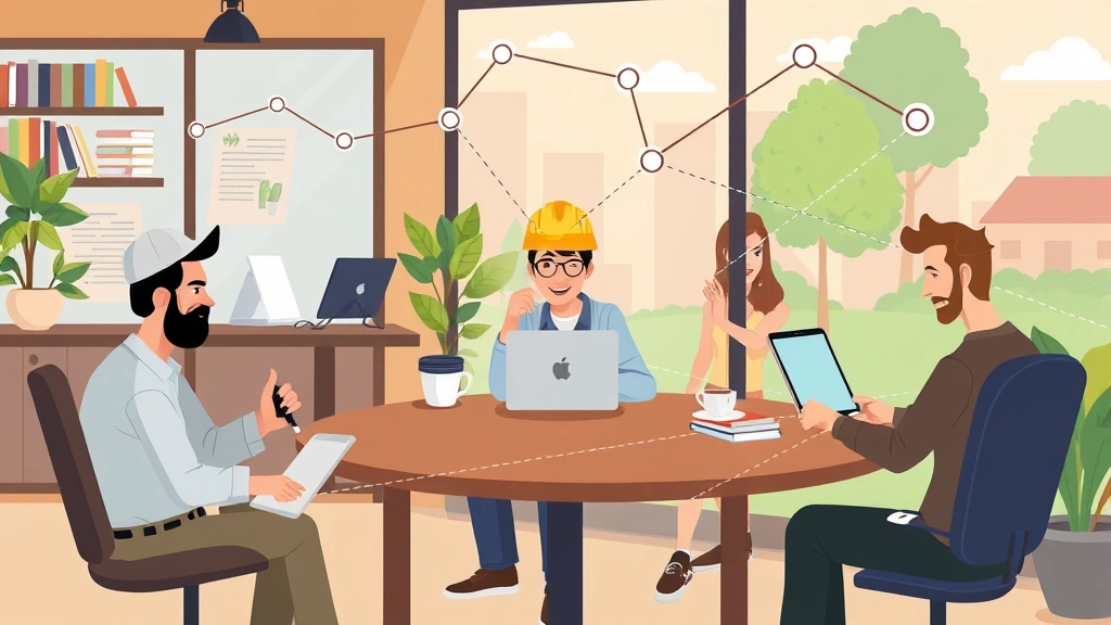 Cartoon diverse contractors working remotely from different locations - coffee shop, home office, outdoor setting - all connected by digital network lines showing collaboration