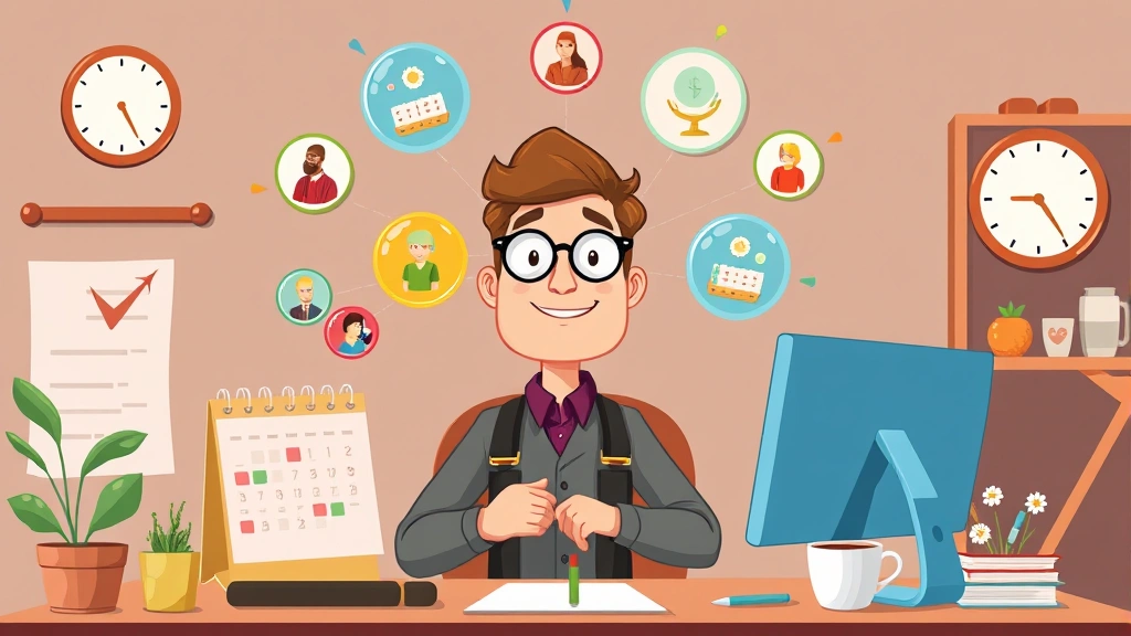 Cartoon contractor juggling multiple clients represented as colorful spheres, calendar and clock visible, flexible workspace setup with plant and coffee cup