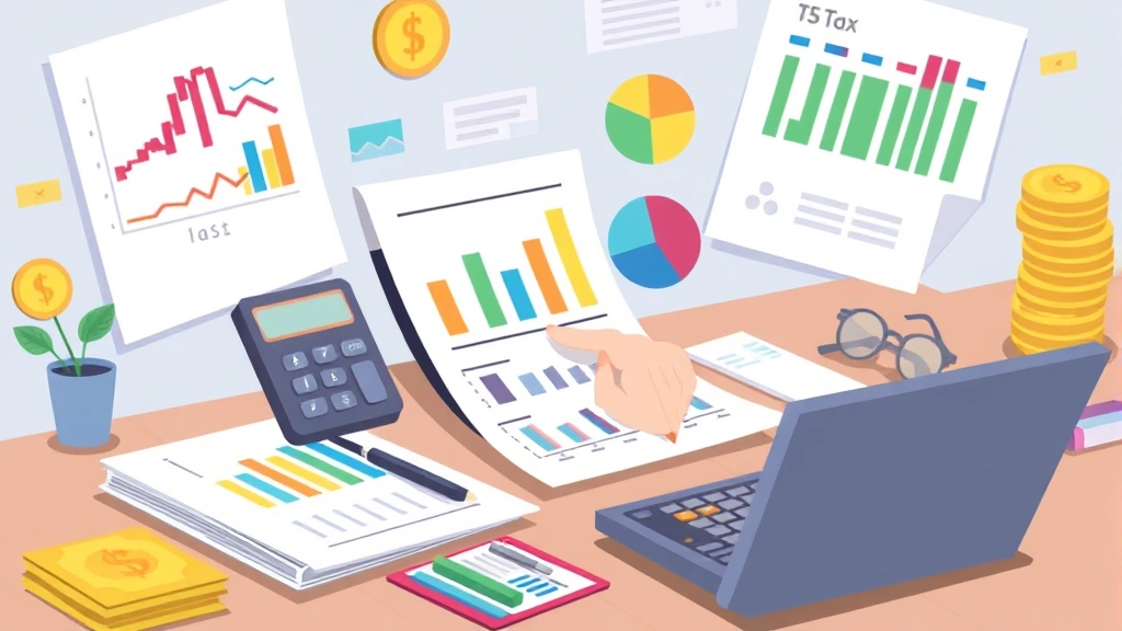 A professional contractor calculating finances with spreadsheets, charts, and a calculator visible, money symbols and tax forms in background, colorful cartoon illustration