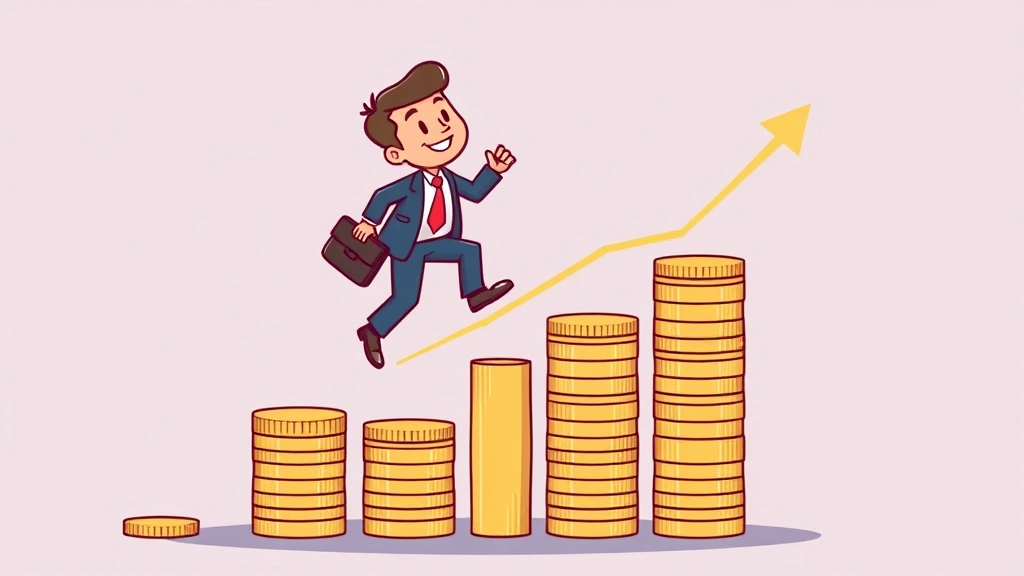 Cartoon character climbing upward on stacked coins and rising chart arrows, representing business growth and scaling, holding briefcase, energetic and optimistic style