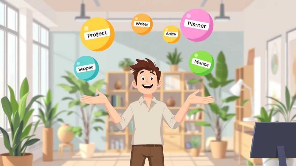 Animated freelancer juggling multiple projects represented by different colored balls labeled with client names, standing in modern workspace with plants and natural lighting