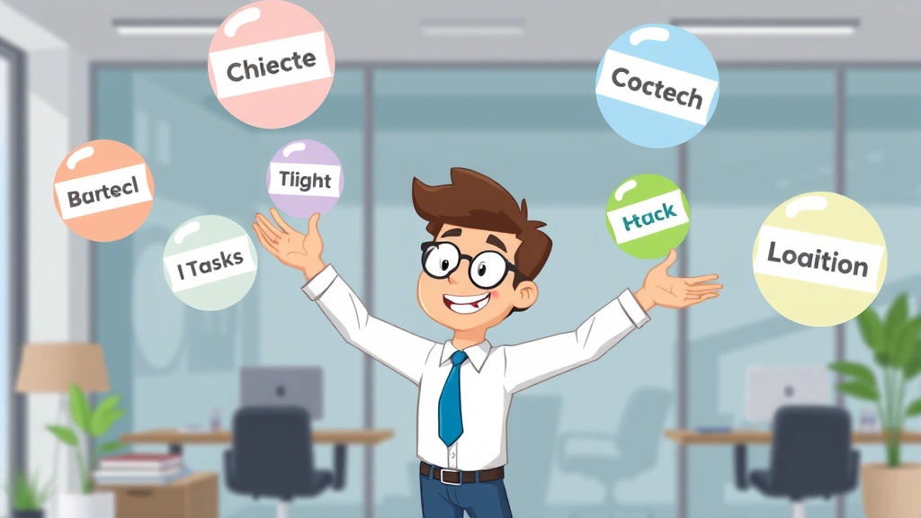 Cartoon figure juggling multiple client projects with different colored balls representing tasks, energetic and organized appearance, modern office background