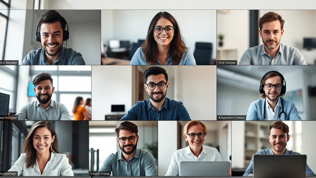 Diverse group of independent contractors collaborating virtually across video call screens - software developer, designer, consultant, writer - showing remote 1099 opportunities