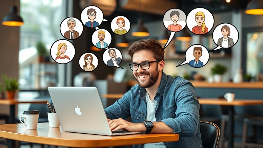 Cheerful freelancer working on laptop at coffee shop with diverse clients appearing in thought bubbles above, modern casual environment, diverse representation