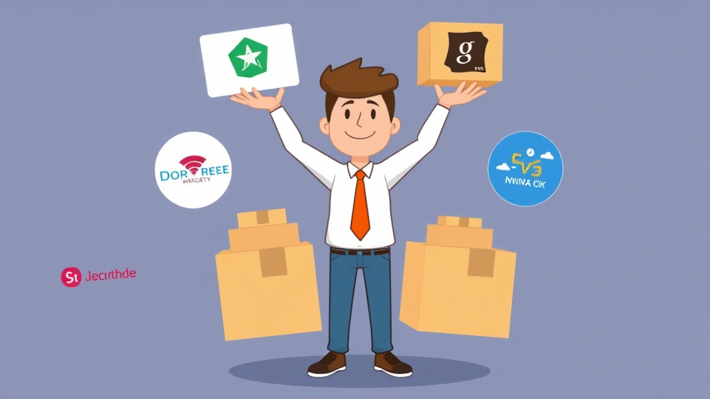 Cartoon figure juggling multiple project boxes and client logos, representing diverse 1099 contractor portfolio management and client diversity