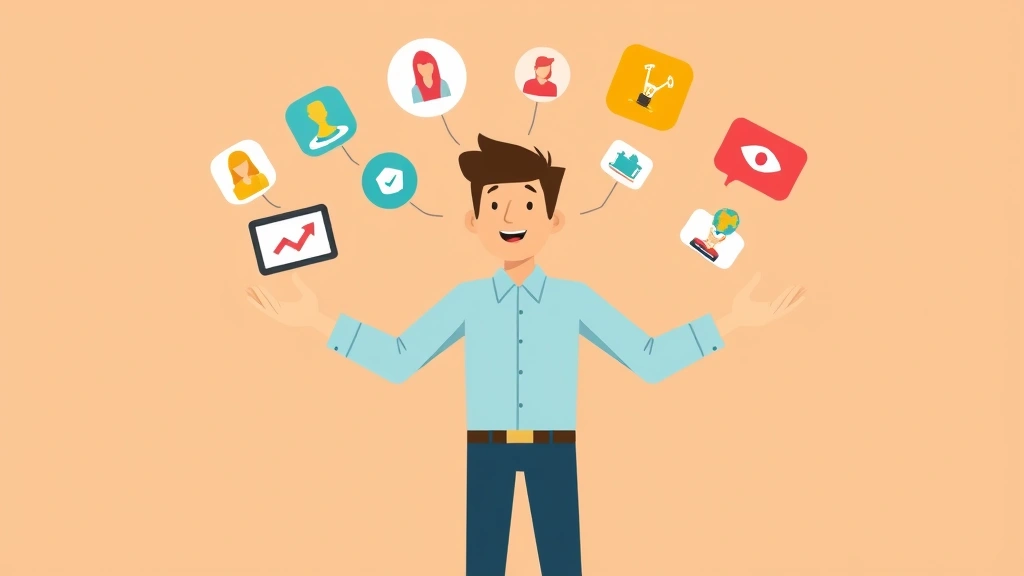 Cartoon image of a person juggling multiple client icons and project symbols, representing managing diverse 1099 clients and workload balancing