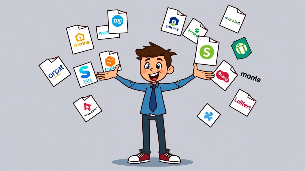 Cartoon character juggling multiple project files and client logos, representing diverse 1099 contract work across different companies and industries simultaneously