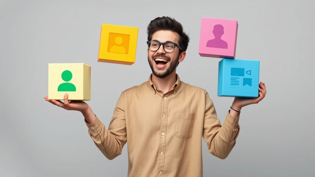 Happy freelancer juggling multiple client projects represented by colorful blocks, showing work-life balance and project management skills